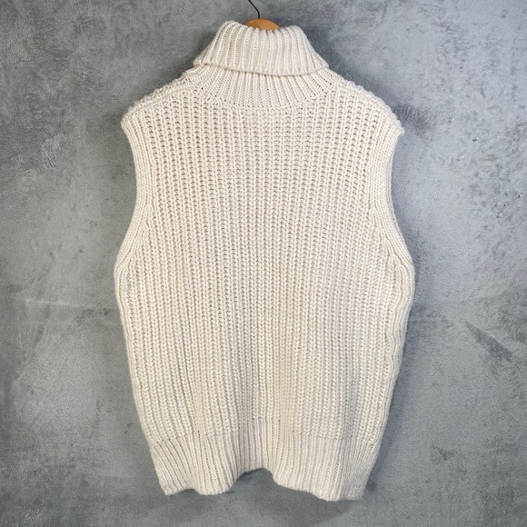 H&M Sweater Vest Women Large Cream Turtleneck Chunky Oversized Preppy Fisherman - Picture 2 of 5